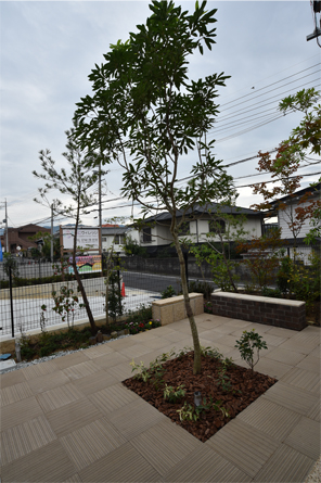 施設の庭園スペース。植栽された樹木と舗装された通路が整備されている。